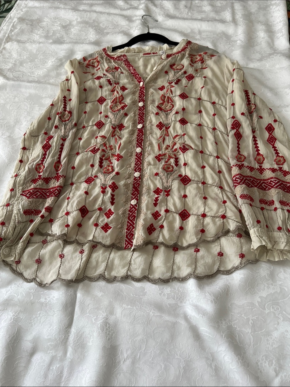 Johnny Was Ivory Button-Down Blouse with Red Embroidery